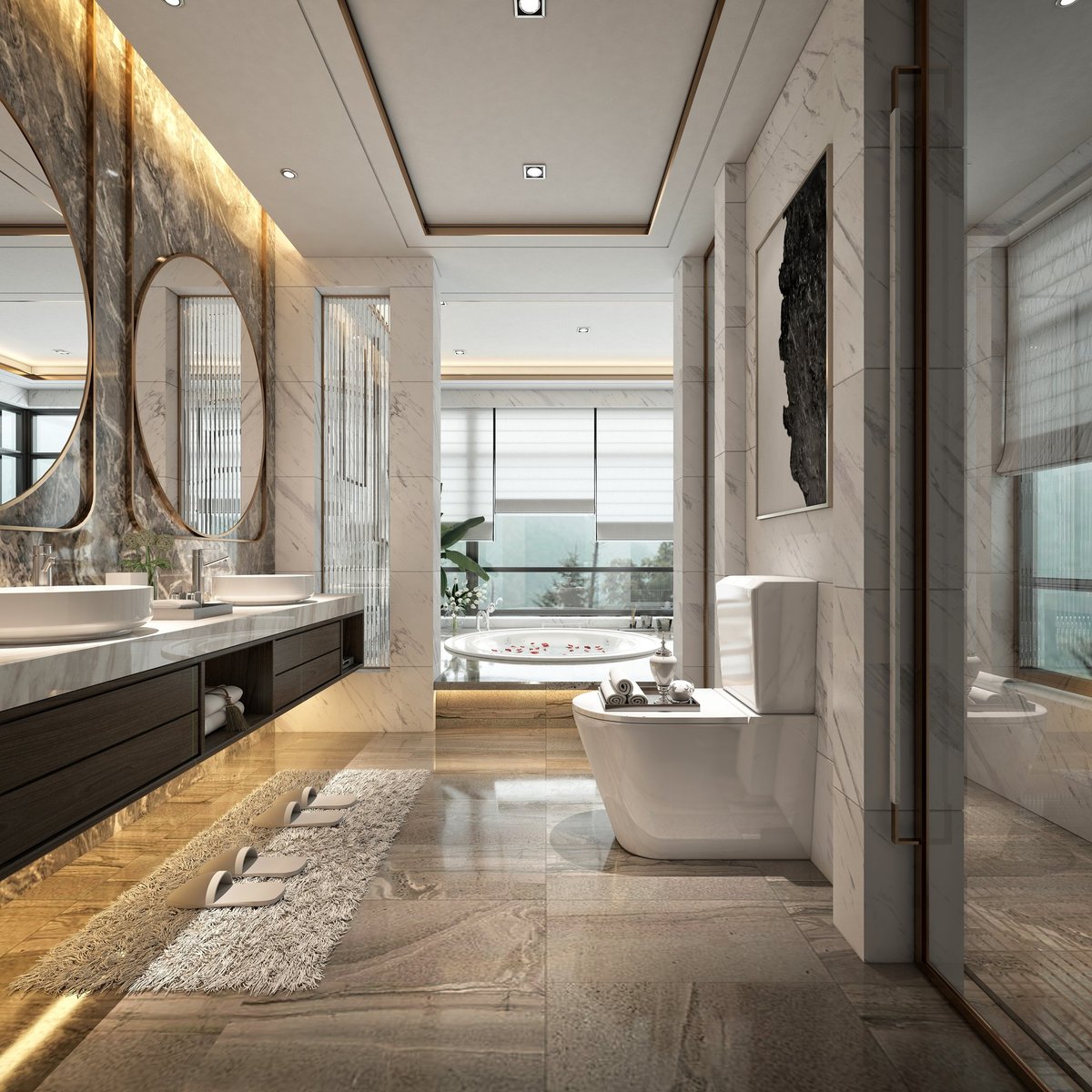 Luxury modern bathroom interior with elegant fittings and sophisticated design