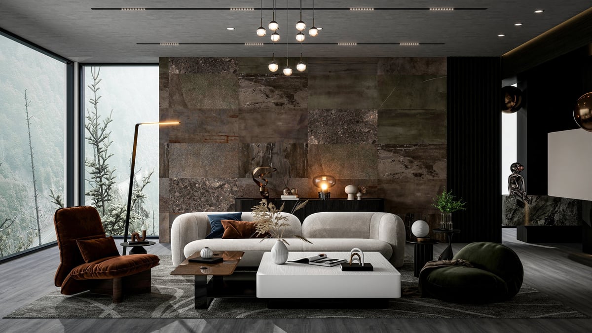 Modern luxury living room interior with panoramic window, elegant furniture and refined sophisticated design