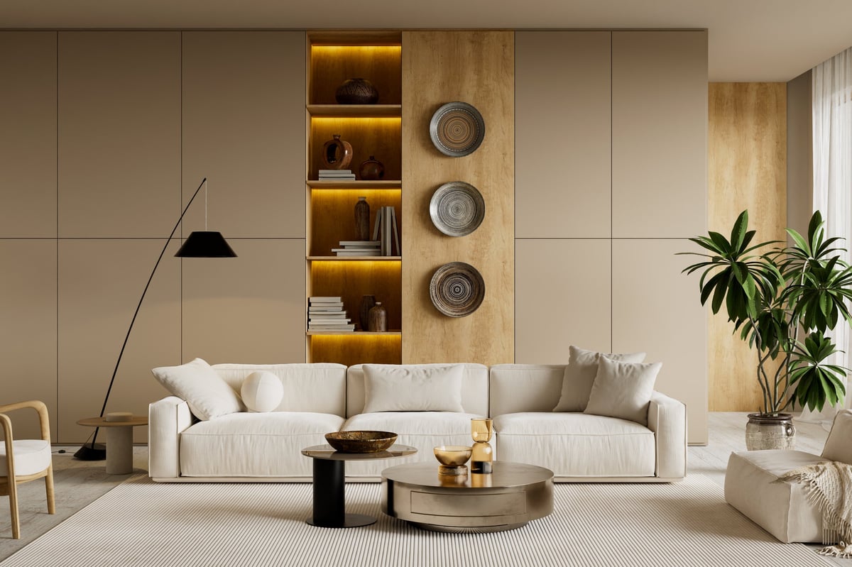 Modern minimalist living room with calm neutral tones, natural textures and clean architectural lines